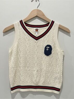 Bape Baby Milo Cream Cable Knit Sleeveless Sweater Vest with Navy Patch